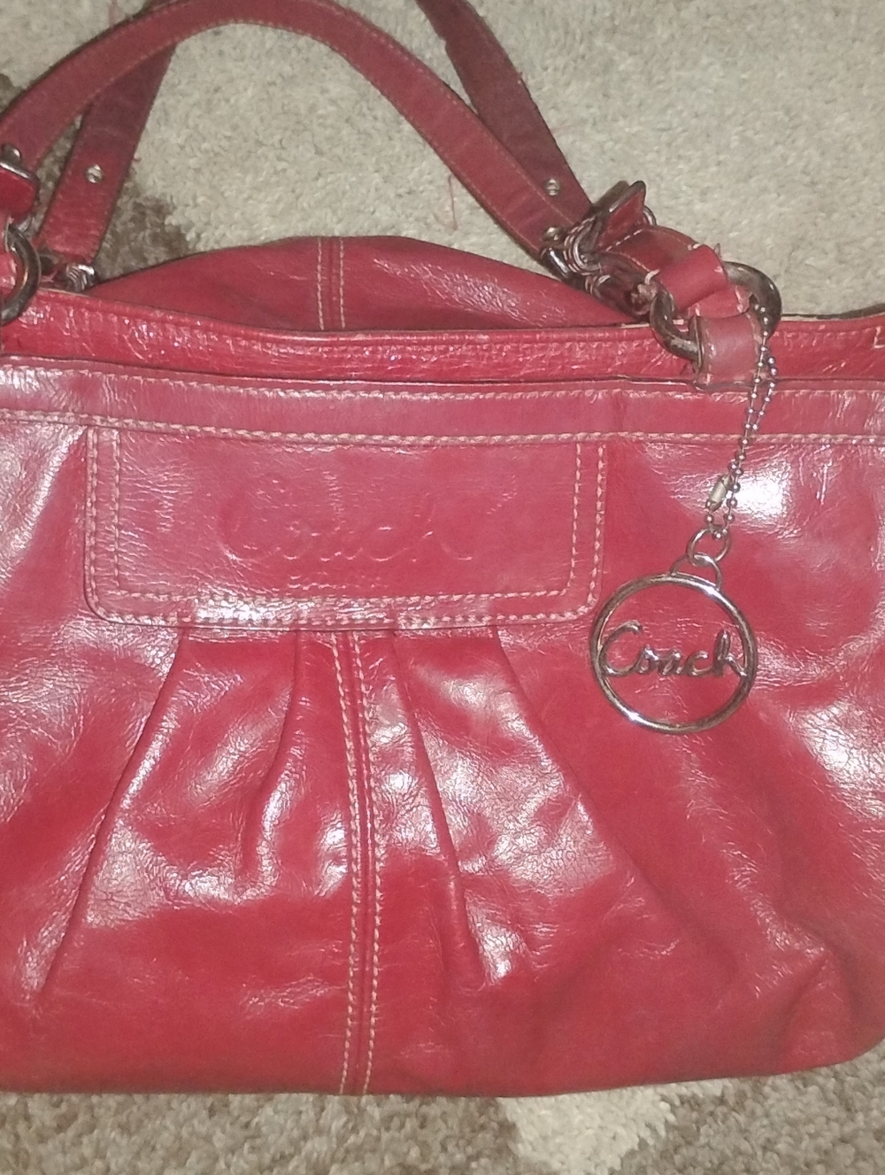 Coach Red Leather Shoulder Bag with Logo Charm